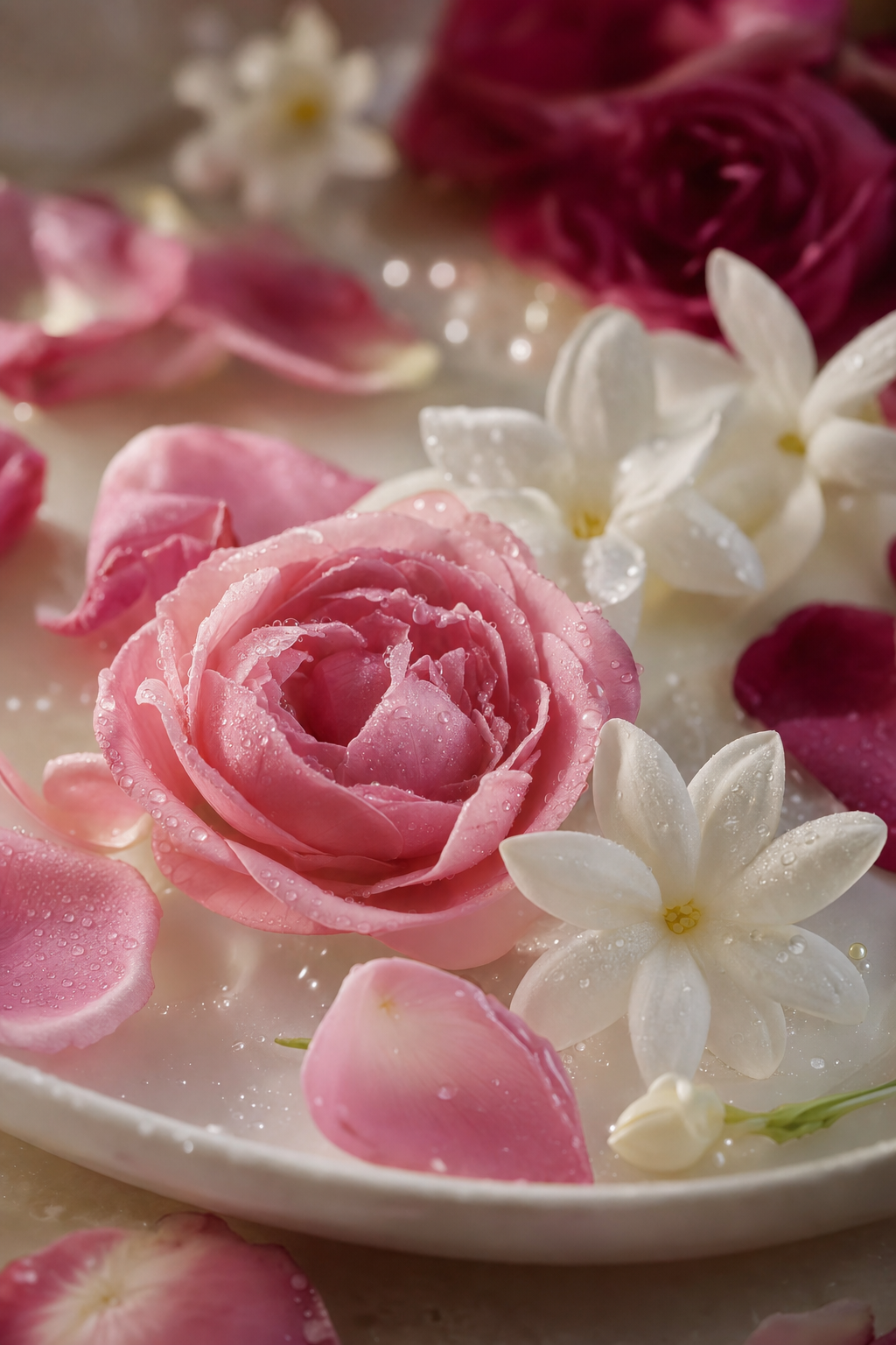 Fresh rose and jasmine on a dewy porcelain surface
