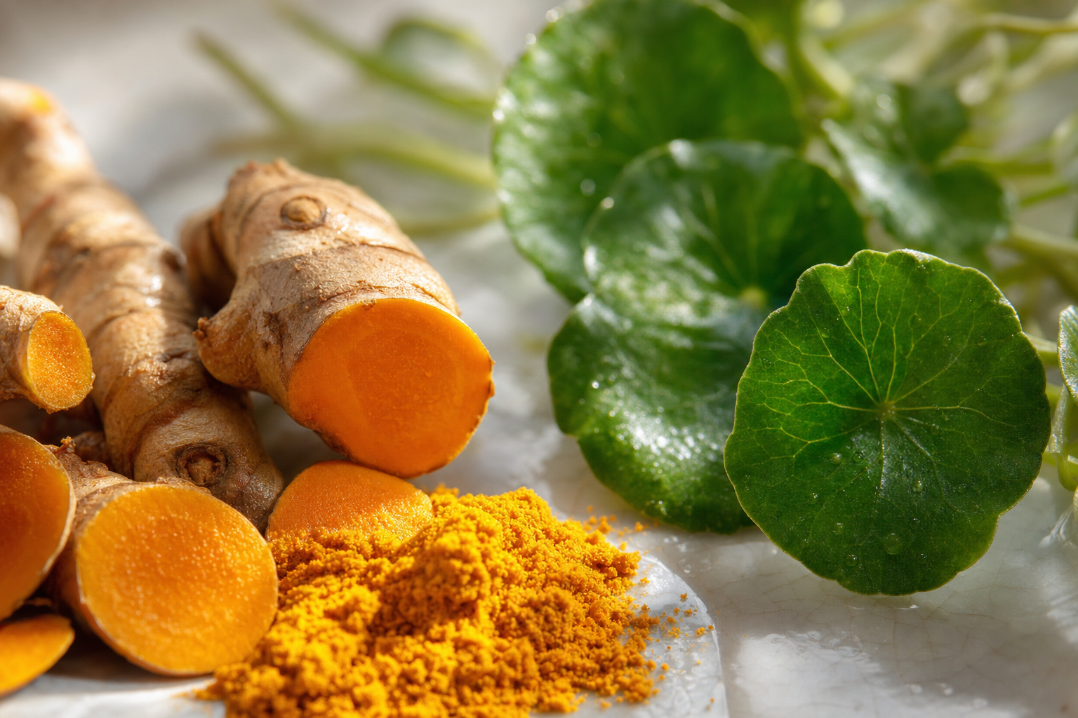 Turmeric root, golden powder and fresh green pegaga leaves