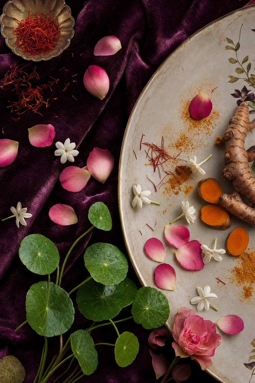 A curated arrangement of AMYZA botanicals — saffron, rose, jasmine, pegaga and turmeric