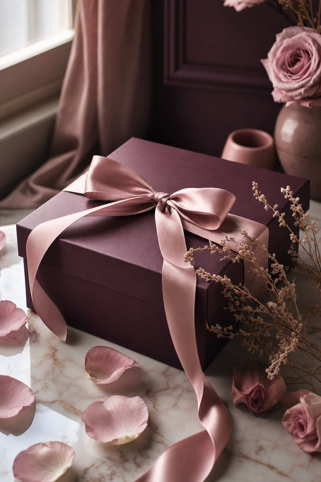 An AMYZA gift box in deep plum with a blush silk ribbon, surrounded by rose petals